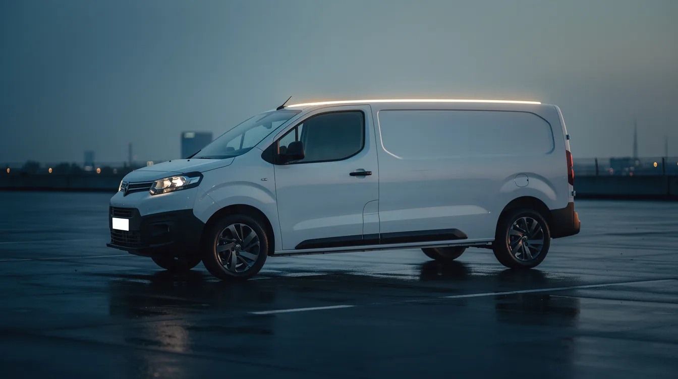 Camionnette utilitaire blanche garée au crépuscule