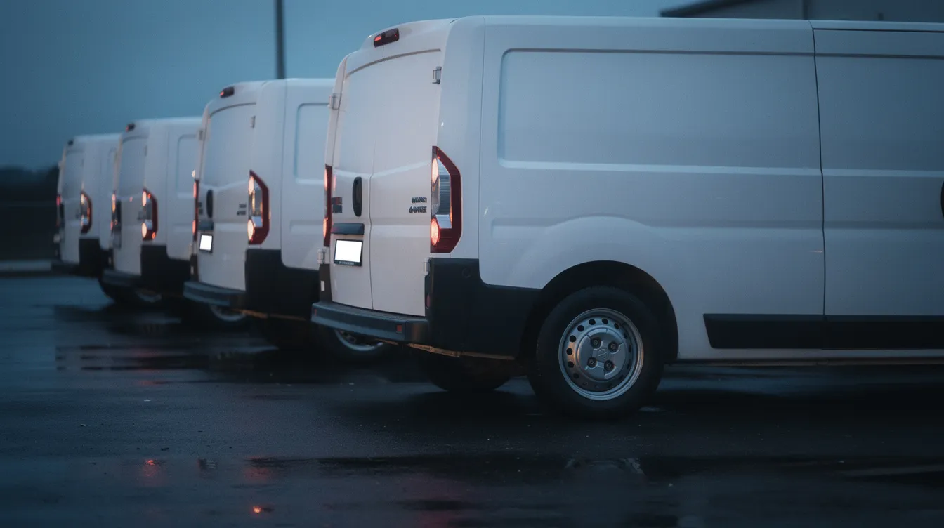 Rij witte bestelwagens van een wagenpark, geparkeerd in de schemering