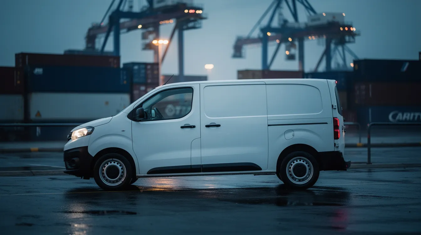 Witte bestelwagen bij de haven van Antwerpen in de avondschemering