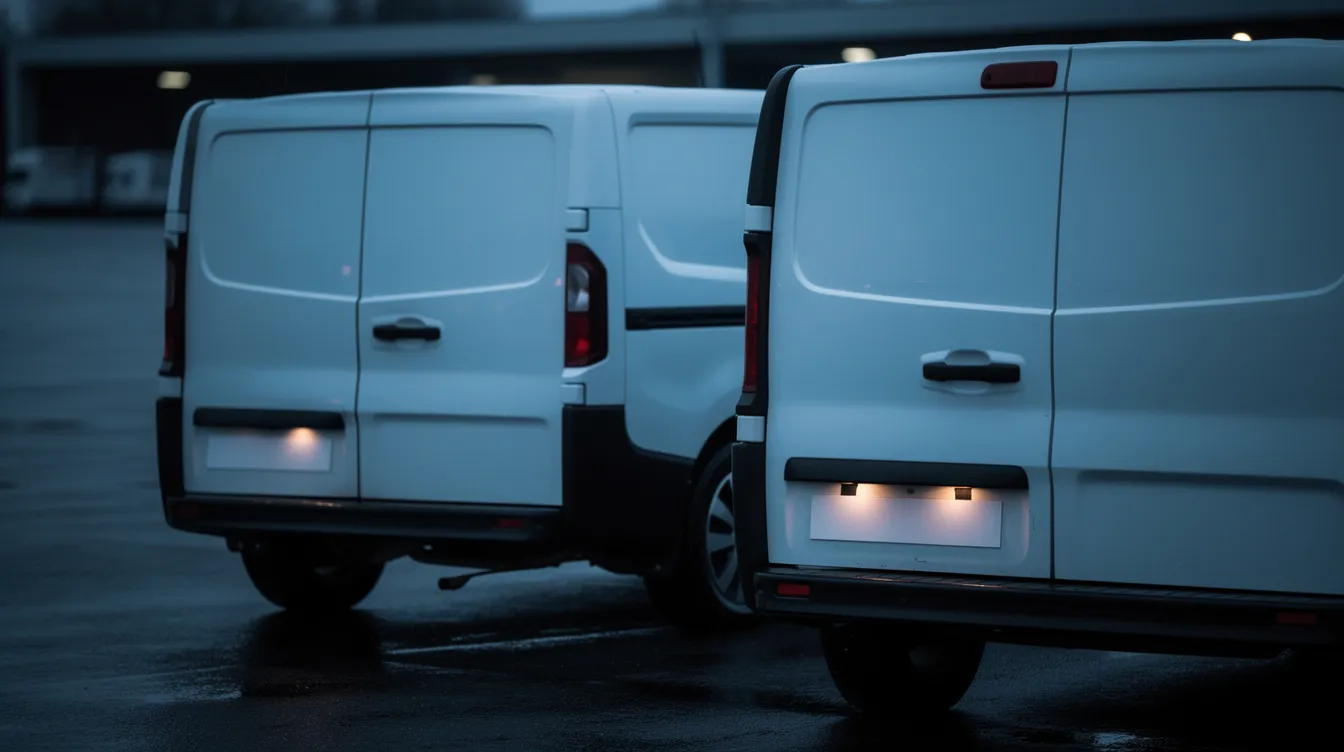 Twee witte bestelwagens naast elkaar geparkeerd in de schemering