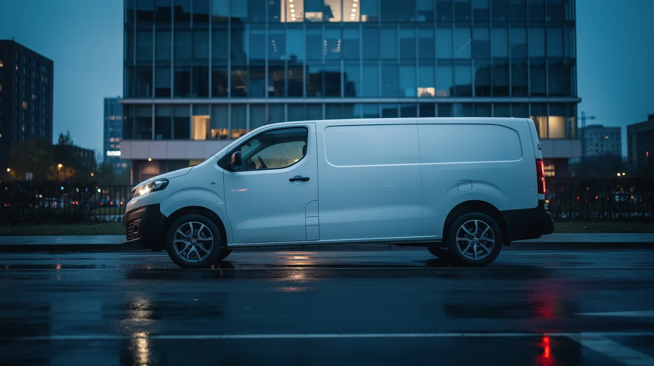 Witte bestelwagen bij een kantoorgebouw in de avondschemering
