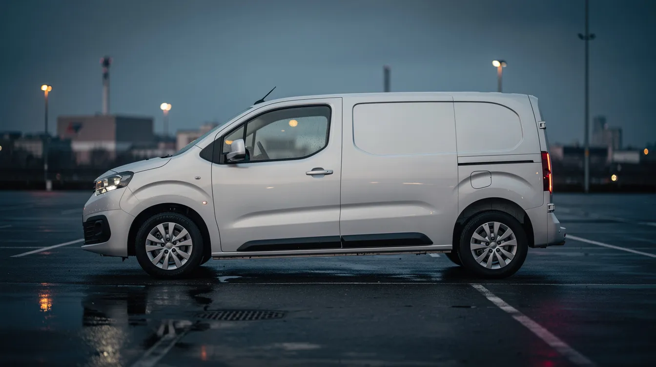 Witte compacte bestelwagen op een terrein in de avondschemering