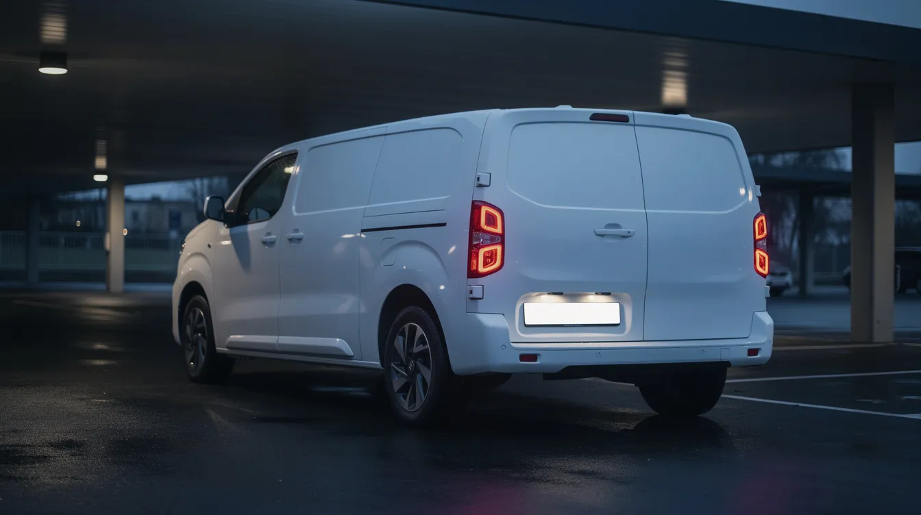Camionnette blanche sur un site d'entreprise au crépuscule