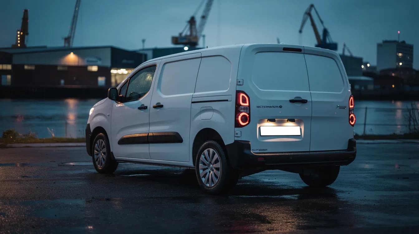 Witte bestelwagen op een bedrijfsterrein in de avondschemering