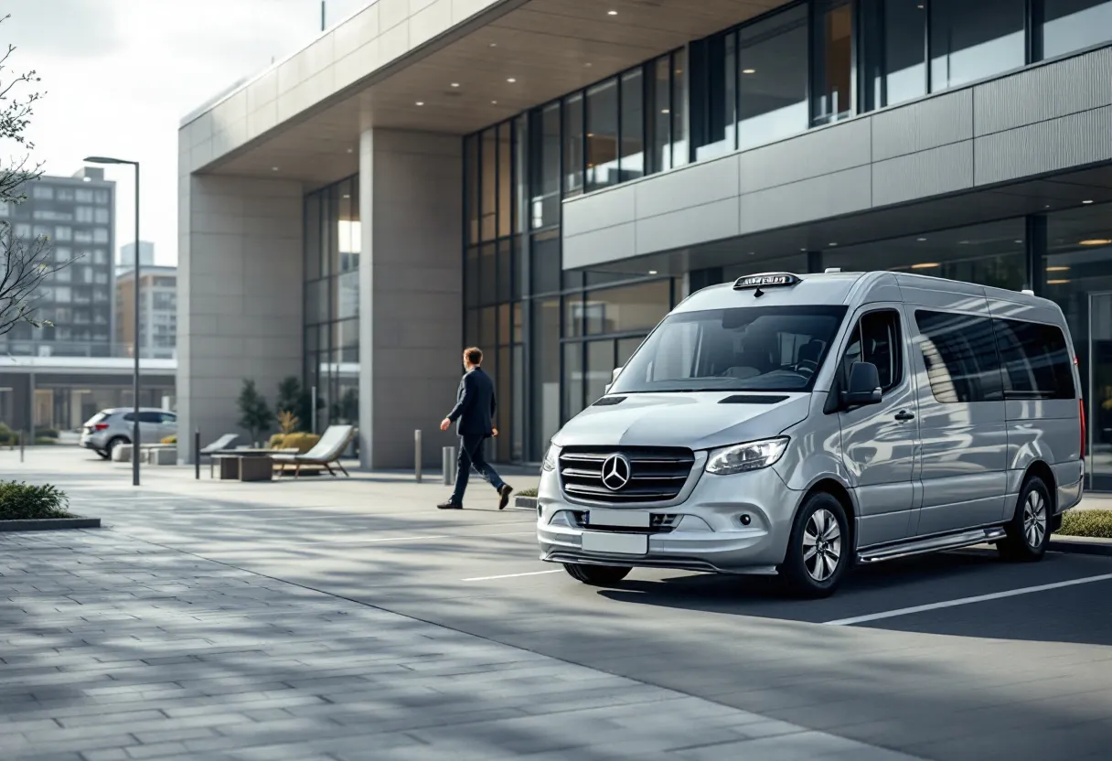 Een zilveren bedrijfswagen van het merk Mercedes-Benz staat op een parkeerplaats voor een modern bedrijfspand terwijl een expert een taxatie uitvoert.