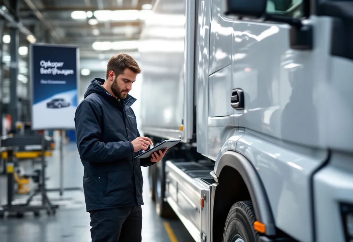 Een fotorealistische close-up van een glanzende witte bestelwagen op een zonnig industrieterrein, waar een professionele taxateur met een tablet de carrosserie inspecteert, terwijl op de achtergrond een bord met 'Opkoper Bedrijfswagen' discreet zichtbaar is.