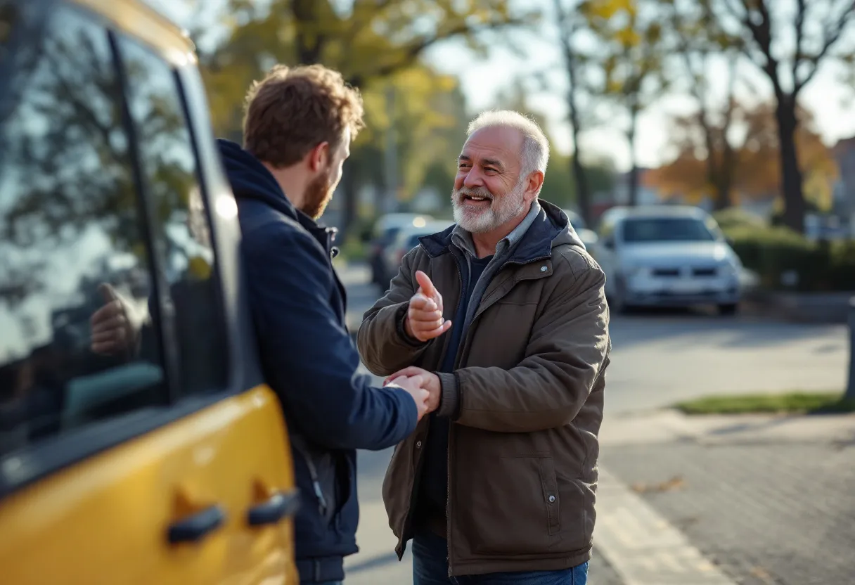 Een zelfstandige ondernemer overhandigt de sleutels van zijn net gepoetste bedrijfswagen aan een opkoper op een zonovergoten parkeerplaats, met zichtbare tevredenheid.