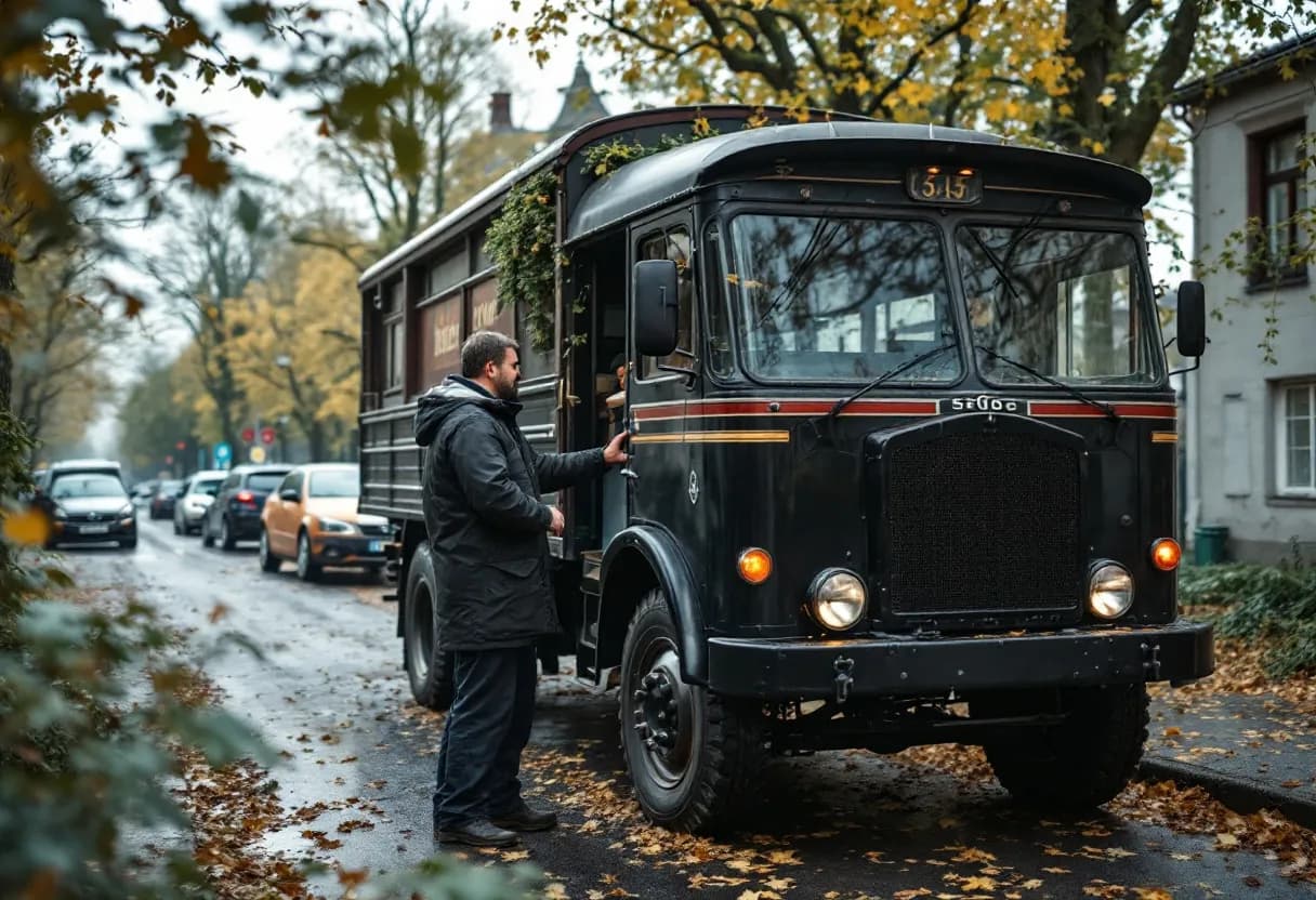 Een fotorealistische foto van een zwarte bestelwagen die op een oprit in een Antwerpse buitenwijk staat, met een vriendelijke opkoper die de wagen inspecteert, omringd door herfstbladeren.