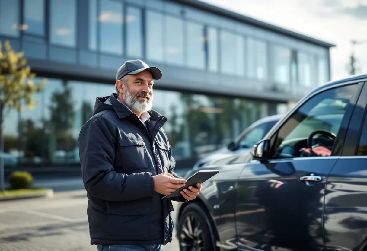 Un entrepreneur indépendant avec une tablette à la main se tient à côté de son véhicule utilitaire argenté brillant sur un parking ensoleillé devant un bureau moderne, prêt à en connaître la valeur.