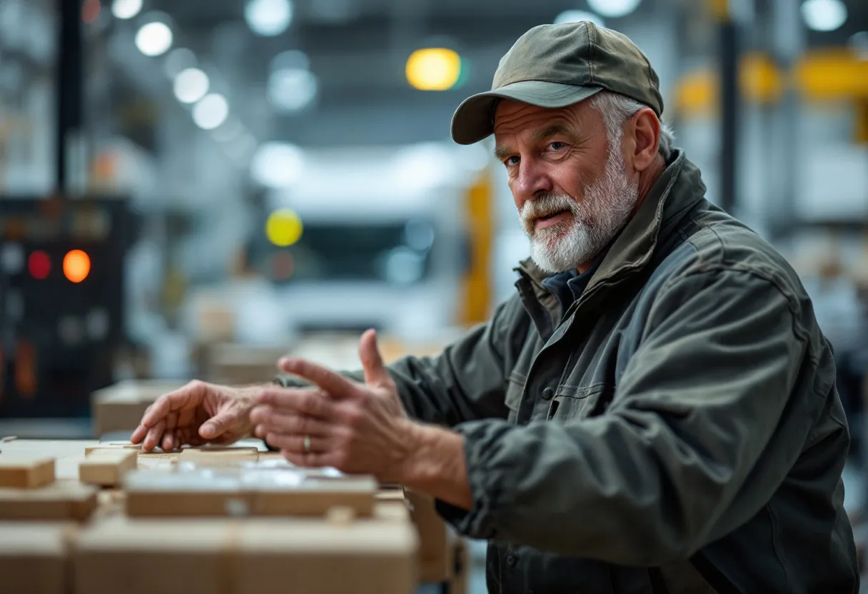 Een zelfstandige ondernemer in bedrijfskleding overhandigt de sleutels van zijn zilveren bestelwagen aan een opkoper op een industrieterrein in Hasselt, Limburg.