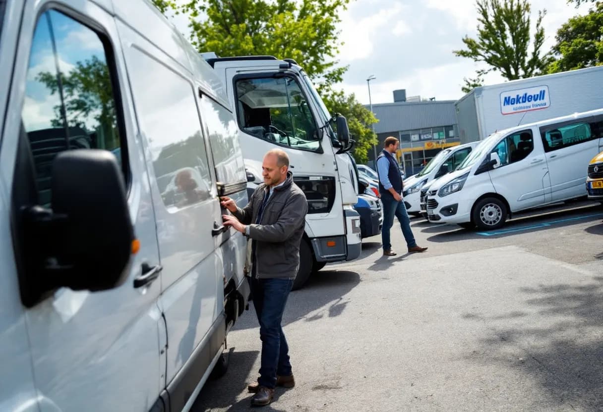 Een verscheidenheid aan gebruikte bedrijfswagens, waaronder bestelwagens en pick-ups, netjes geparkeerd in een zonovergoten opslagterrein, met een expert die een witte bestelwagen inspecteert ter voorbereiding op de verkoop.