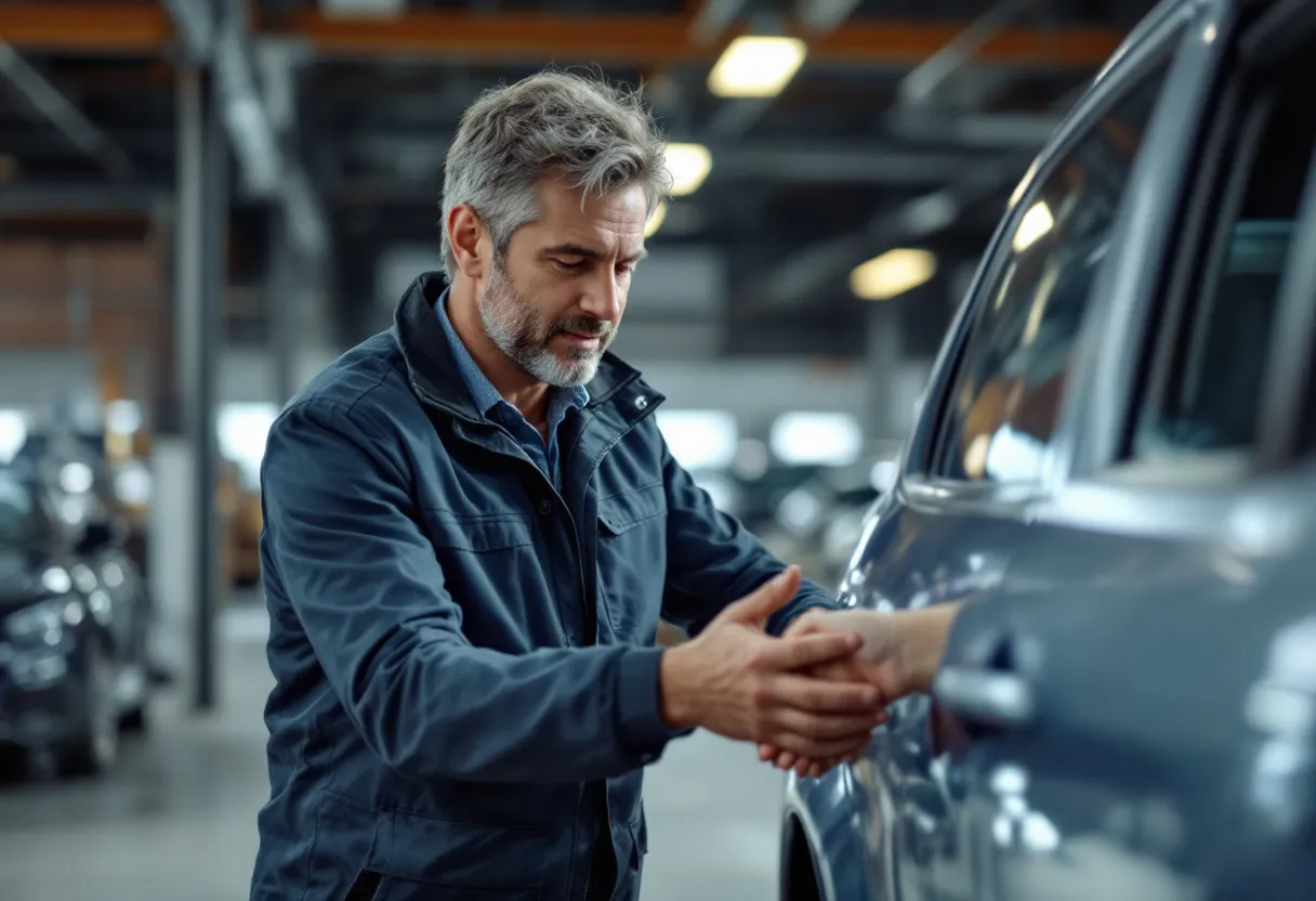 Een ondernemer overhandigt de sleutel van zijn bedrijfswagen aan een professionele autokoper, terwijl op de achtergrond een factuur met btw-vermelding zichtbaar is.