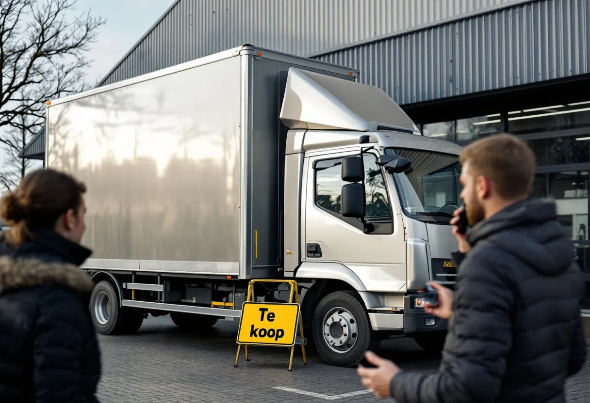 Een fotorealistische afbeelding van een zilverkleurige bestelwagen met een klein 'Te koop'-bordje achter de voorruit, geparkeerd voor een bedrijventerrein met op de achtergrond een ondernemer die in zijn telefoon spreekt.