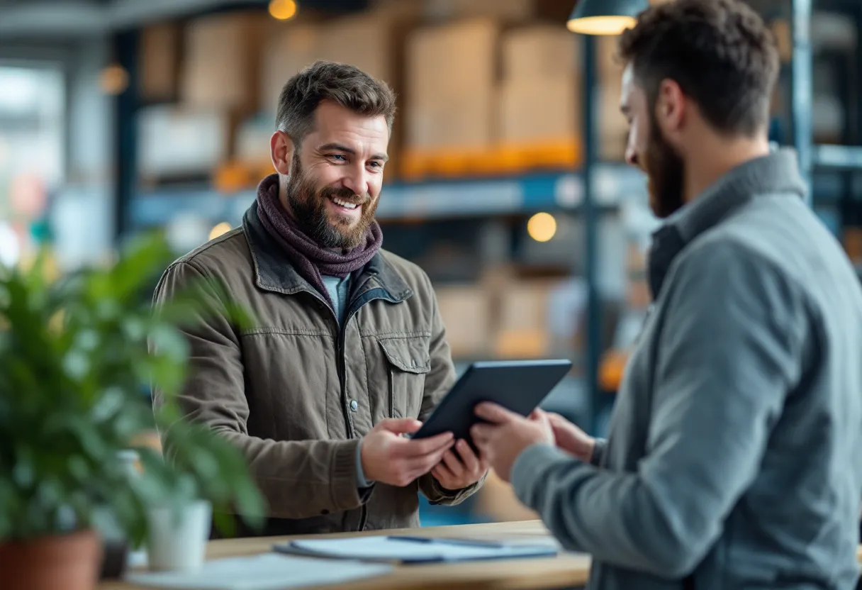 Een zelfstandige ondernemer overhandigt de documenten van zijn witte bestelwagen aan een professionele opkoper met een tablet, voor een klein bedrijfspand.