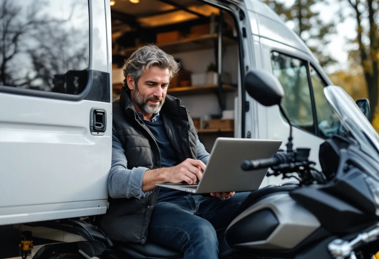 Zelfstandige ondernemer die de sleutels van zijn witte bestelwagen overhandigt aan een particuliere koper op een zonnige oprit, met een laptop en contract op de motorkap.