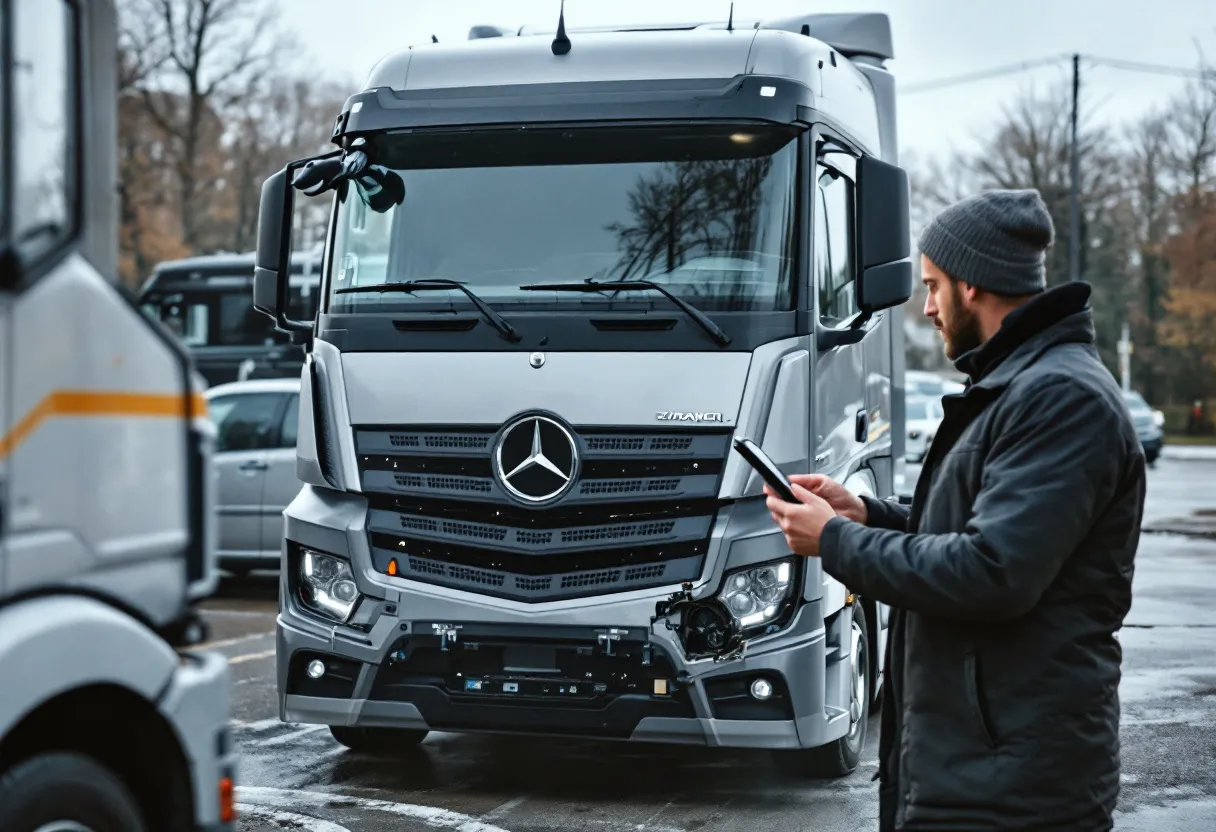 Een man in een net hemd leunt tegen zijn zilverkleurige bestelwagen, terwijl een expert met tablet naast hem de lak en banden inspecteert op een zonovergoten parkeerplaats.