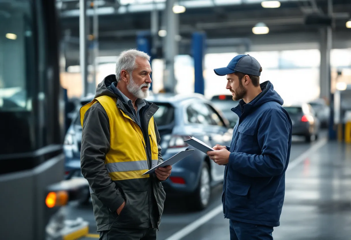 Een zelfstandige in werkkleding staat naast zijn zilvergrijze bestelbus op het terrein van een opkoper, waar een medewerker met een checklist de auto keurt.