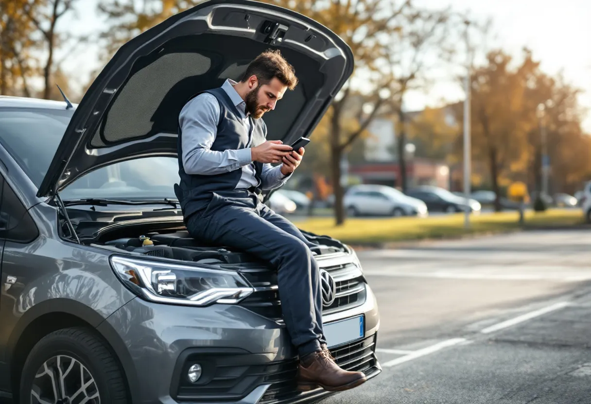 Een ondernemer in werkkleding leunt op de geopende motorkap van zijn grijze bedrijfswagen op een parkeerplaats, terwijl hij een offerte voor overname van de auto op zijn smartphone bekijkt.