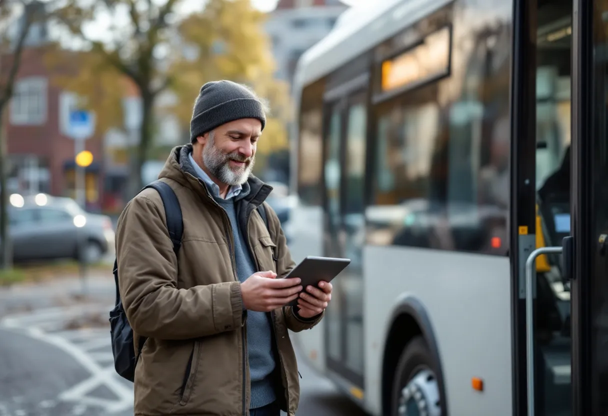 Een zelfstandige ondernemer staat naast zijn witte bestelbus op een parkeerplaats bij een bedrijventerrein en bekijkt een tablet met een waardebepalingstool, met een blije uitdrukking.