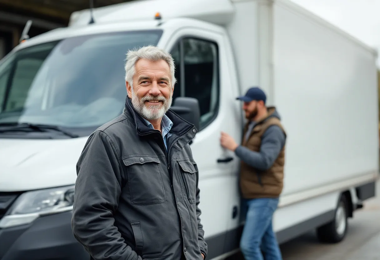 Een zelfstandige ondernemer staat met een tevreden glimlach naast zijn witte bestelwagen die te koop staat op een bedrijventerrein, met op de achtergrond een opkoper die de wagen inspecteert.